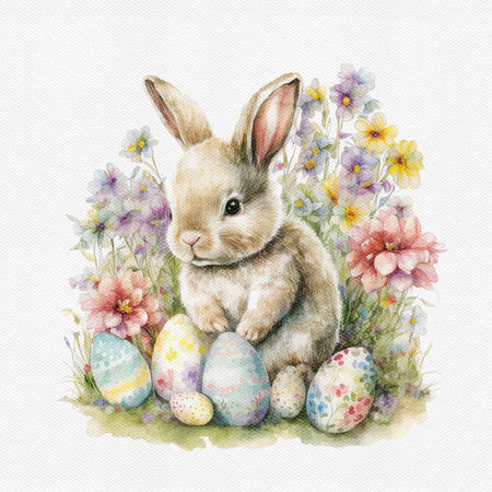 Watercolor cute bunny hold flower. Delicate spring illustration - rabbit with bouqet. AI generated Image, digital art. Nursery decor, wall art, printable illustration. AI generated Image, digital art.の写真素材