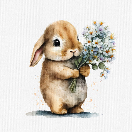 Watercolor cute bunny hold flower. Delicate spring illustration - rabbit with bouqet. AI generated Image, digital art. Nursery decor, wall art, printable illustration. AI generated Image, digital art.の写真素材