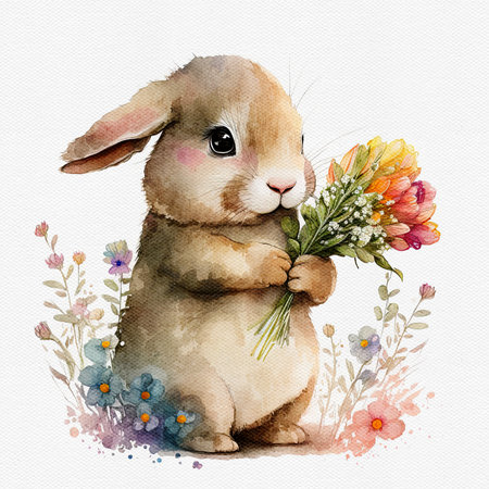 Watercolor cute bunny hold flower. Delicate spring illustration - rabbit with bouqet. AI generated Image, digital art. Nursery decor, wall art, printable illustration. AI generated Image, digital art.の写真素材
