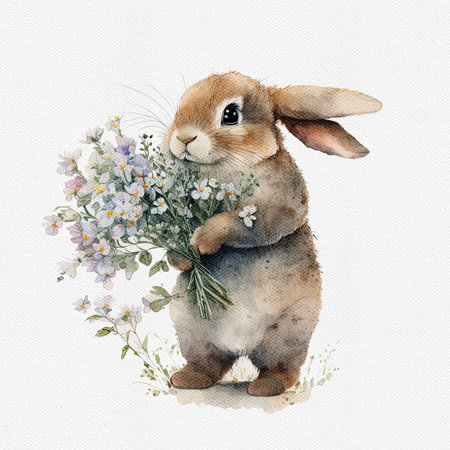 Watercolor cute bunny hold flower. Delicate spring illustration - rabbit with bouqet. AI generated Image, digital art. Nursery decor, wall art, printable illustration. AI generated Image, digital art.の写真素材