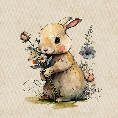 Watercolor cute bunny hold flower. Delicate spring illustration - rabbit with bouqet. AI generated Image, digital art. Nursery decor, wall art, printable illustration. AI generated Image, digital art.の写真素材