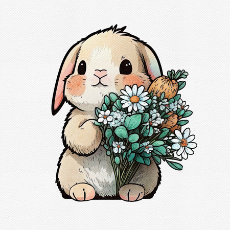 Watercolor cute bunny hold flower. Delicate spring illustration - rabbit with bouqet. AI generated Image, digital art. Nursery decor, wall art, printable illustration. AI generated Image, digital art.の写真素材