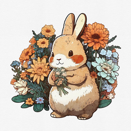 Watercolor cute bunny hold flower. Delicate spring illustration - rabbit with bouqet. AI generated Image, digital art. Nursery decor, wall art, printable illustration. AI generated Image, digital art.の写真素材