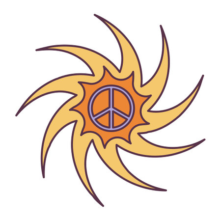 Retro 70s Groovy Hippie sticker peace symbol into sun. Psychedelic cartoon element - funky illustration in vintage hippy style. Vector flat illustration for banner, flyer, invitation, cardのイラスト素材