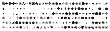 Simple minimalistic black elements, abstract brutalist geometric shapes. Basic form Y2K figure flower, grain, crystal, snowflake, star, sparkle. swiss element set. Minimal aesthetic postmodern vectorのイラスト素材