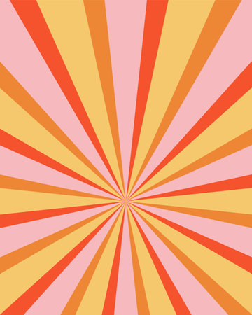 Groovy retro burst sun rays background. Vintage colorful abstract geometric pattern. Vector summer hippie carnival illustration for poster, flyer, greeting card, bannerのイラスト素材
