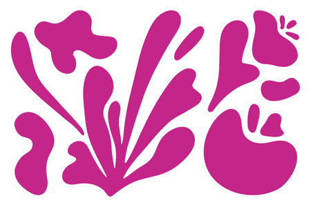 Matisse abstract floral algae shapes in trendy contemporary organic style. composition Doodle painted aestethic flower and leaf. Botanic vector illustration in pink color on the white background.のイラスト素材