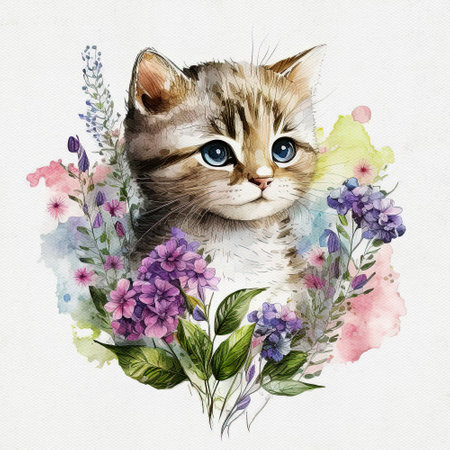 Watercolor cute kitten hold flower. Delicate spring illustration - baby cat with bouquet. AI generated Image, digital art. Nursery decor, wall art, printable illustration. AI generated Image, digital artの素材