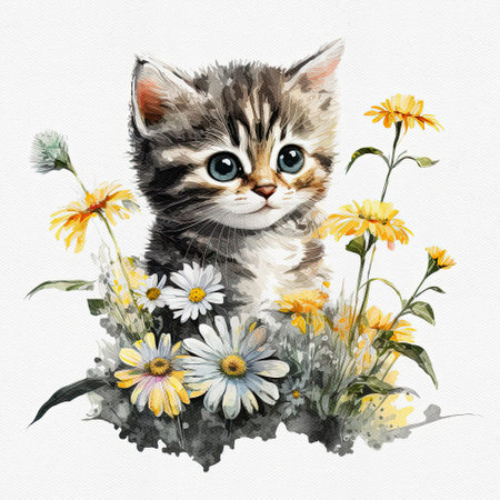 Watercolor cute kitten hold flower. Delicate spring illustration - baby cat with bouquet. AI generated Image, digital art. Nursery decor, wall art, printable illustration. AI generated Image, digital artの素材