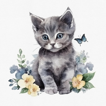 Watercolor cute kitten hold flower. Delicate spring illustration - baby cat with bouquet. AI generated Image, digital art. Nursery decor, wall art, printable illustration. AI generated Image, digital artの素材