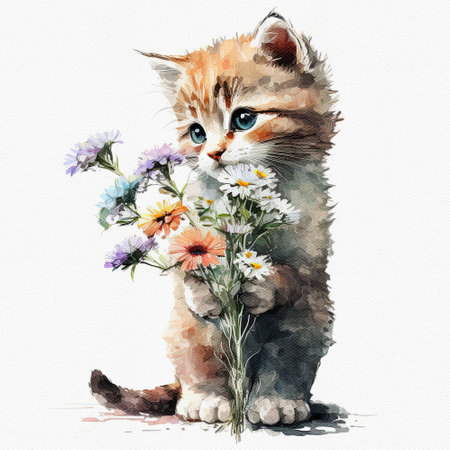 Watercolor cute kitten hold flower. Delicate spring illustration - baby cat with bouquet. AI generated Image, digital art. Nursery decor, wall art, printable illustration. AI generated Image, digital artの素材