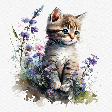 Watercolor cute kitten hold flower. Delicate spring illustration - baby cat with bouquet. AI generated Image, digital art. Nursery decor, wall art, printable illustration. AI generated Image, digital artの素材
