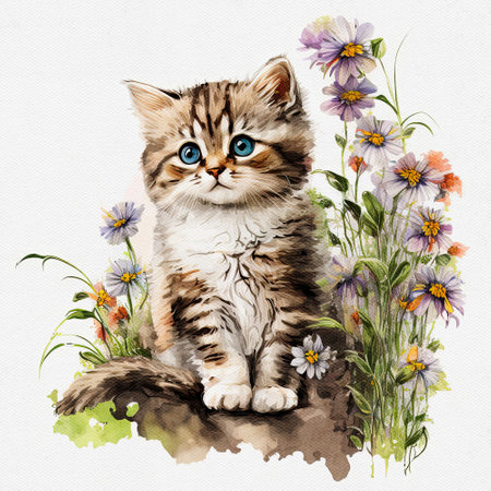 Watercolor cute kitten hold flower. Delicate spring illustration - baby cat with bouquet. AI generated Image, digital art. Nursery decor, wall art, printable illustration. AI generated Image, digital artの素材