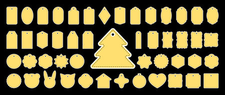 Big set of vector gift tags, stickers, name card, discount label with white border and stitch imitation. Templates for cookie cutters or vintage labels. Label for gift wrapping in retro style.のイラスト素材