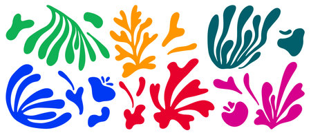Matisse abstract floral algae shapes in trendy contemporary organic style. composition Doodle painted aesthetic flower and leaf. Botanic vector illustration in vibrant color on the white backgroundのイラスト素材