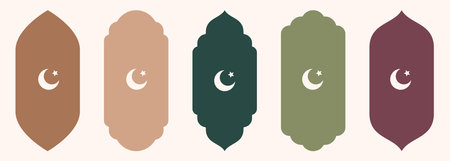 Shape Islamic window Hilal symbol silhouette Arabic arch. Collection of patterns in oriental style. Frames in Arabic Muslim design for Ramadan Kareem. Vector mosque gate shape isolated white backgroundのイラスト素材
