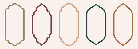 Shape Islamic door and window silhouette Arabic arch. Collection of patterns in oriental style. Frames in Arabic Muslim design for Ramadan Kareem. Vector mosque gate stroke isolated on white backgroundのイラスト素材