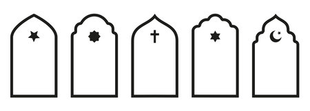 Shape Islamic door and window silhouette Arabic arch with symbols . Collection of patterns in oriental style. Frames in Arabic Muslim for Ramadan Kareem. Vector mosque gate stroke isolated on whiteのイラスト素材