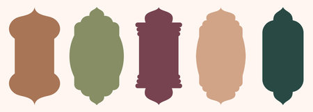 Shape Islamic door and window silhouette Arabic arch. Collection of patterns in oriental style. Frames in Arabic Muslim design for Ramadan Kareem. Vector mosque gate shape isolated white background.のイラスト素材