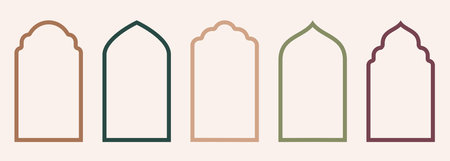 Shape Islamic door and window silhouette Arabic arch. Collection of patterns in oriental style. Frames in Arabic Muslim design for Ramadan Kareem. Vector mosque gate stroke isolated on white backgroundのイラスト素材