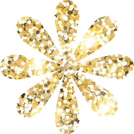 Flower shiny gold glitter shape design element. Golden color dust texture daisy for holiday decoration, flyer, poster, greeting card, background, wallpaper. Shiny paint shape Birthday illustrationの写真素材