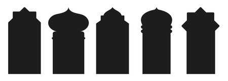 Shape Islamic door and window silhouette Arabic arch. Collection of patterns in oriental style. Frames in Arabic Muslim design for Ramadan Kareem. Vector mosque gate shape isolated white background.のイラスト素材