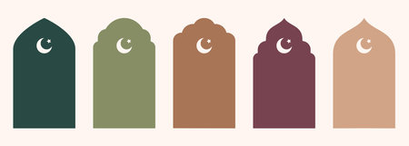 Shape Islamic door and window silhouette Arabic arch with symbols . Collection of patterns in oriental style. Frames in Arabic Muslim design for Ramadan Kareem. Vector mosque gate isolated on whiteのイラスト素材