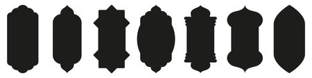 Shape Islamic door and window silhouette Arabic arch. Collection of patterns in oriental style. Frames in Arabic Muslim design for Ramadan Kareem. Vector mosque gate shape isolated white background.のイラスト素材