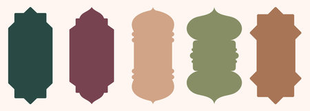Shape Islamic door and window silhouette Arabic arch. Collection of patterns in oriental style. Frames in Arabic Muslim design for Ramadan Kareem. Vector mosque gate shape isolated white background.のイラスト素材