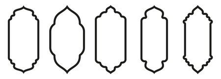 Shape Islamic door and window silhouette Arabic arch. Collection of patterns in oriental style. Frames in Arabic Muslim design for Ramadan Kareem. Vector mosque gate stroke isolated on white backgroundのイラスト素材