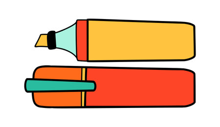 School markers cartoon in doodle retro style. Back to school stationery element bold bright. Classic supplies for children education or office work. Fun vector illustration isolated on white backgroundのイラスト素材
