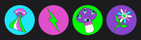 Groovy hippie circle sticker 70s set. Funny cartoon bright neon colors - flower, love, rainbow, peace, heart, daisy, mushroom, eye. Psychedelic pack in trendy retro style. isolated vector illustrationのイラスト素材