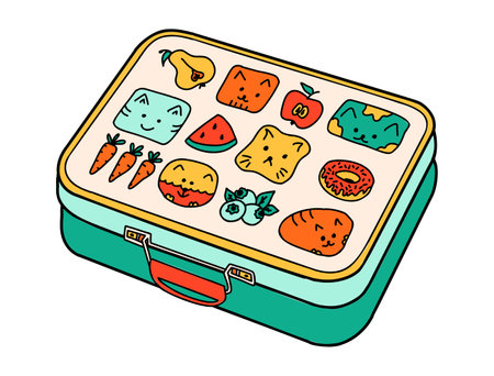 School lunch box cartoon in doodle retro style. Back to school stationery element bold bright. Classic supplies for children education or office work. Fun vector illustration isolated on white background.のイラスト素材