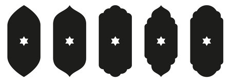 Shape Islamic door and window silhouette Arabic arch with symbols . Collection of patterns in oriental style. Frames in Arabic Muslim design for Ramadan Kareem. Vector mosque gate isolated on white.のイラスト素材