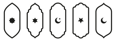 Shape Islamic door and window silhouette Arabic arch with symbols . Collection of patterns in oriental style. Frames in Arabic Muslim for Ramadan Kareem. Vector mosque gate stroke isolated on white.のイラスト素材