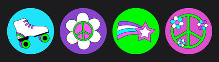 Groovy hippie circle sticker 70s set. Funny cartoon bright neon colors - flower, love, rainbow, peace, heart, daisy, mushroom, eye. Psychedelic pack in trendy retro style. Isolated vector illustration.のイラスト素材