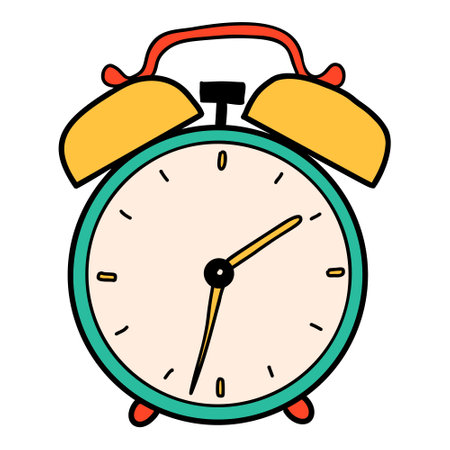 School alarmclock cartoon in doodle retro style. Back to school stationery element bold bright. Classic supplies for children education. Fun vector illustration isolated on white background.のイラスト素材