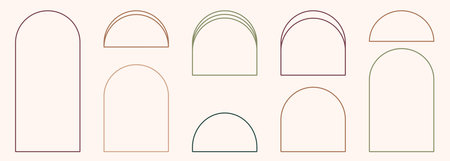 Modern minimalist aesthetic line arch frames in trendy boho style. Modern Y2K vector design outline elements - geometric form for banner, social media, poster. Shape Islamic door and window silhouette Arabic border.のイラスト素材