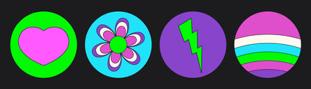 Groovy hippie circle sticker 70s set. Funny cartoon bright neon colors - flower, love, rainbow, peace, heart, daisy, mushroom, eye. Psychedelic pack in trendy retro style. Isolated vector illustration.のイラスト素材