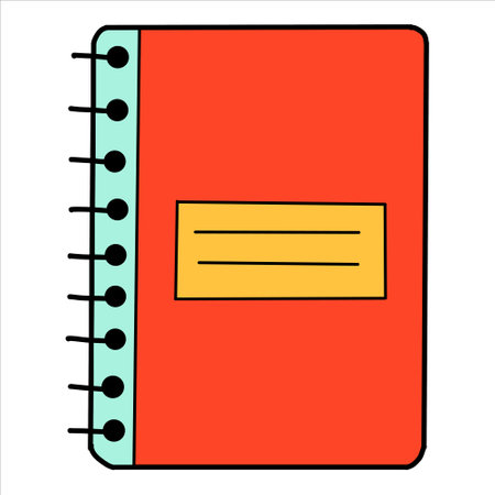 School copybook cartoon in doodle retro style. Back to school stationery element notebook bold bright. Classic supplies for children education or office work. Fun vector illustration isolated on white.のイラスト素材