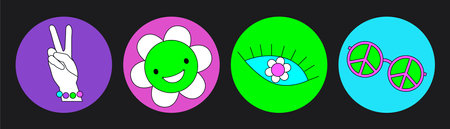 Groovy hippie circle sticker 70s set. Funny cartoon bright neon colors - flower, love, rainbow, peace, heart, daisy, mushroom, eye. Psychedelic pack in trendy retro style. Isolated vector illustration.のイラスト素材
