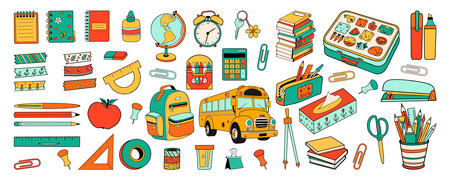 Big set of school stationery supplies. Back to school education cartoon collection in doodle retro style. Bold bright bag, bus, book, globe. Vector illustration isolated on white background.のイラスト素材