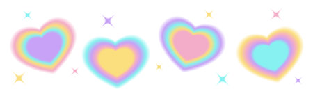 Y2k blurry gradient heart shape with sparkle or stars. Pastel holographic aura elements, aesthetic retro shapes with blur effect. Isolated vector illustration of 90s-2000s psychedelic style.のイラスト素材