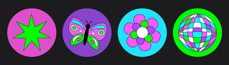 Groovy hippie circle sticker 70s set. Funny cartoon bright neon colors - flower, love, rainbow, peace, heart, daisy, mushroom, eye. Psychedelic pack in trendy retro style. Isolated vector illustration.のイラスト素材