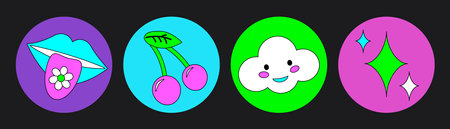 Groovy hippie circle sticker 70s set. Funny cartoon bright neon colors - flower, love, rainbow, peace, heart, daisy, mushroom, eye. Psychedelic pack in trendy retro style. Isolated vector illustration.のイラスト素材