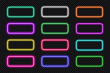 Neon frame rounded rectangle set. Glowing coloful rectangular border. Geometric shape action button UI elements with copy space. Purple, blue, pink, yellow, green, red text boxes. Vector illustration.のイラスト素材