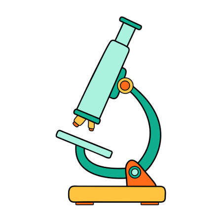 Science school microscope equipment icon. Chemistry and biology education laboratory cartoon illustration. Bold bright lab equipment. Vector illustration isolated on white.のイラスト素材