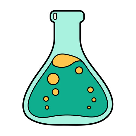Science school chemical flask icon. Chemistry and biology education laboratory cartoon test tube. Bold bright lab equipment. Vector illustration isolated on white.のイラスト素材