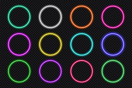 Neon frame button circle set. Glowing coloful round border. Geometric shape action UI elements with copy space. Purple, blue, pink, yellow, green, red text boxes. Vector illustration.のイラスト素材