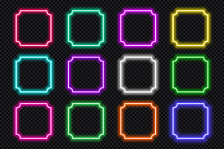 Neon square frame set. Glowing coloful rounded corners border. Vintage shape action button UI elements with copy space. Purple, blue, pink, yellow, green, red text boxes. Vector illustration.のイラスト素材